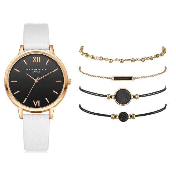 Women's Luxury Leather Band Quartz Watch Set 5 Pcs - Image 7
