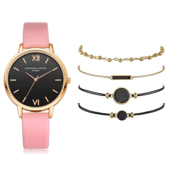Women's Luxury Leather Band Quartz Watch Set 5 Pcs - Image 6