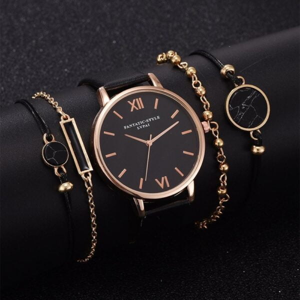Women's Luxury Leather Band Quartz Watch Set 5 Pcs - Image 3